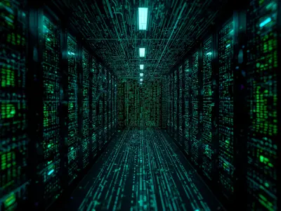Dark data centre server room with green matrix-style digital lighting